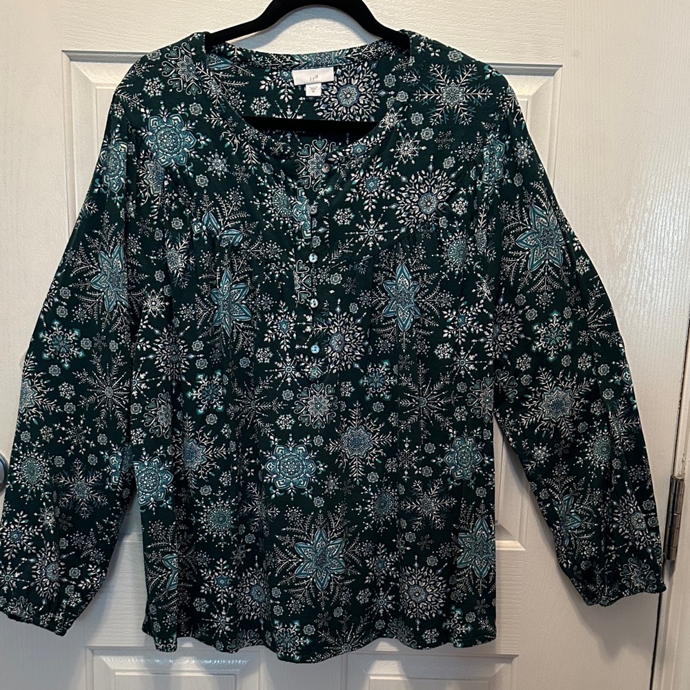 Women's Dark Green Printed Knit Boxy Oversized Tunic Top Elastic Sleeves 2X